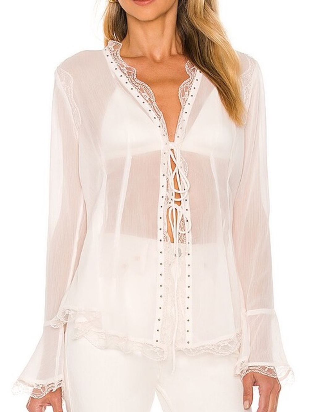 Free People Galaxy Studded Sheer Lace-Trim Tie-Front Top in Dreamnt Kiss Size XL